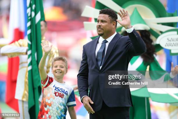 Former Brazilian player Ronaldo cheers the fans prior tothe 2018 FIFA World Cup Russia Group A match between Russia and Saudi Arabia at Luzhniki...