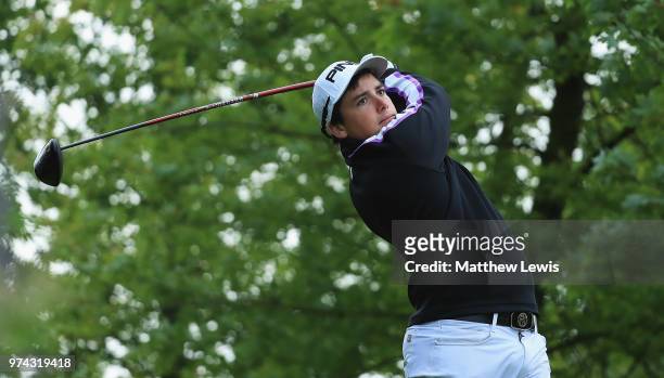 Matias Calderon of Chile tees off on the 10th hole during day one of the Hauts de France Golf Open at Aa Saint Omer Golf Club on June 14, 2018 in...