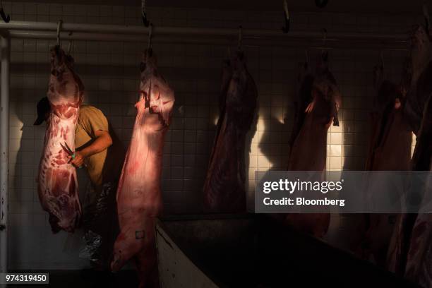 Worker prepares pig carcasses at the Obrador Muoz meat wholesale and distribution center in San Luis Potosi, Mexico, on Friday, June 8, 2018. Mexico...