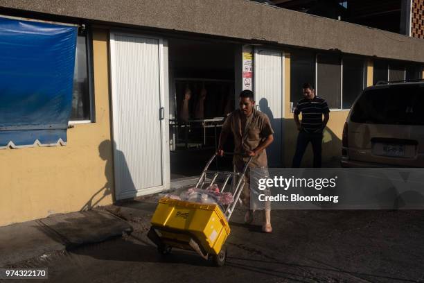 Worker pushes a cart of pork for delivery at the Obrador Muoz meat wholesale and distribution center in San Luis Potosi, Mexico, on Friday, June 8,...