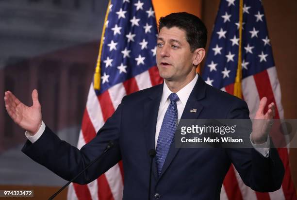 House Speaker Paul Ryan speaks during his weekly news conference on Capitol Hill, June 14, 2018 in Washington, DC.