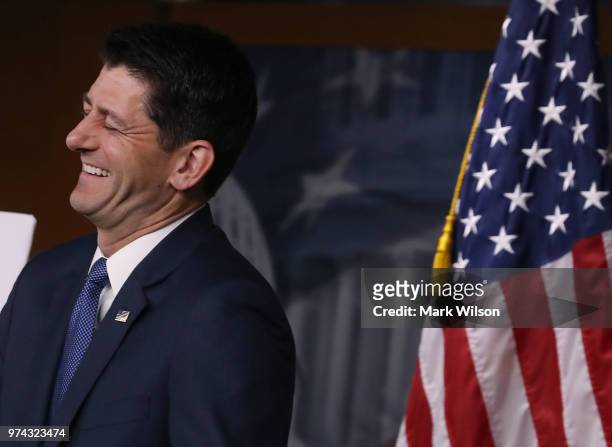 House Speaker Paul Ryan reacts to a question during his weekly news conference on Capitol Hill, June 14, 2018 in Washington, DC.
