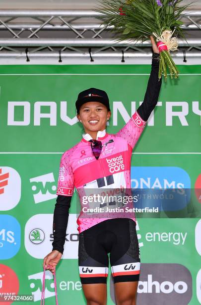 Podium / Coryn Rivera of The United States and Team Sunweb Pink Breast Cancer Care Points Jersey / Celebration / Trophy / during the 5th OVO Energy...