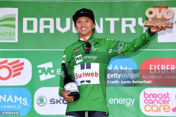 Podium / Coryn Rivera of The United States and Team Sunweb Green Leader Jersey / Celebration / Trophy / during the 5th OVO Energy Women's Tour 2018 /...