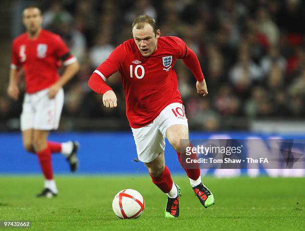 Wayne Rooney of England in action during the International Friendly match between England and Egypt at Wembley Stadium on March 3, 2010 in London,...