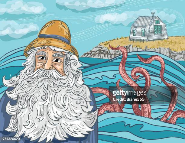 hand drawn nautical scenes with ocean elements - fisherman stock illustrations
