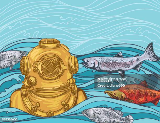 ilustraciones, imágenes clip art, dibujos animados e iconos de stock de mano dibuja escenas náuticas con elementos del mar - grouper