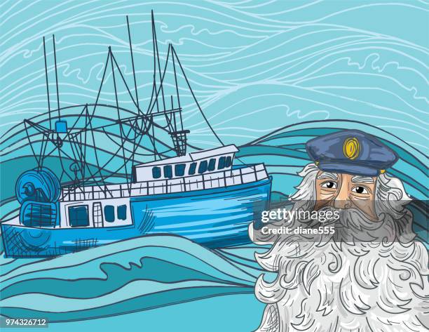 hand drawn nautical scenes with ocean elements - trawler stock illustrations