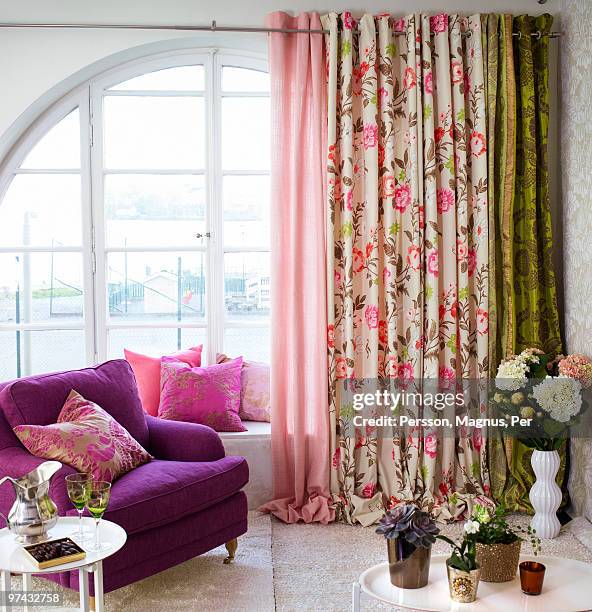 interior decoration with textiles and an armchair, sweden. - green curtain stock pictures, royalty-free photos & images