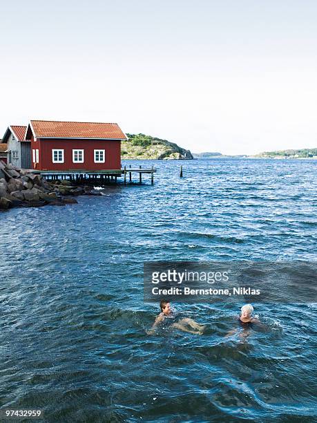 two senior women swimming in the sea, sweden. - vastergotland stock pictures, royalty-free photos & images