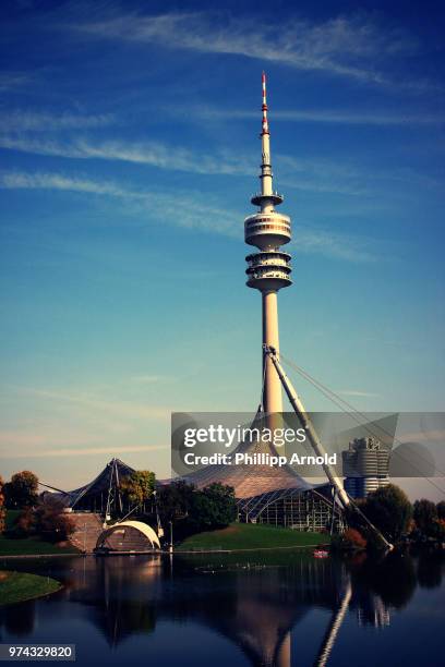 view of tower in olympia park, munich, bavaria, germany - olympiapark stock pictures, royalty-free photos & images