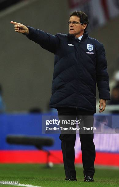 Fabio Capello manager of England gestures during the International Friendly match between England and Egypt at Wembley Stadium on March 3, 2010 in...