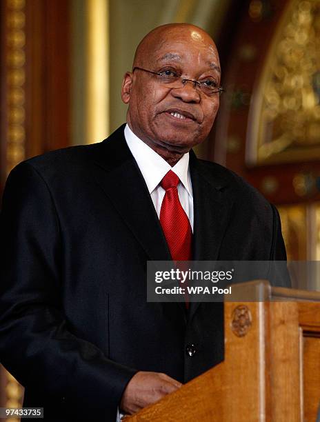 The President of South Africa Jacob Zuma delivers a speech at the Palace of Westminster on March 4, 2010 in London, England. President Zuma and his...