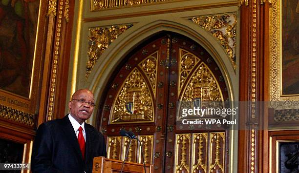 The President of South Africa Jacob Zuma delivers a speech at the Palace of Westminster on March 4, 2010 in London, England. President Zuma and his...