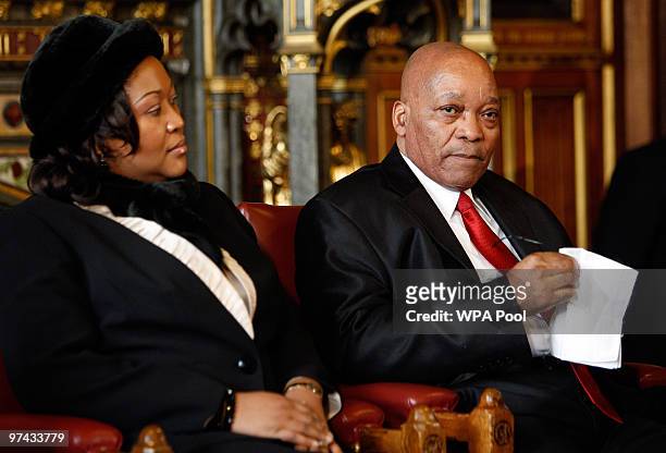 The President of South Africa Jacob Zuma sits with his wife Tobeka Madiba Zuma at the Palace of Westminster on March 4, 2010 in London, England....