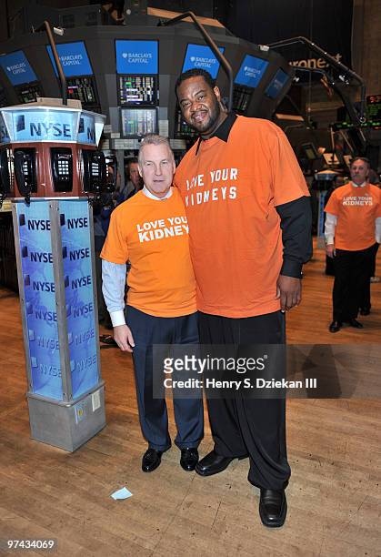 Chairman of National Kidney Foundation Bill Cella and Actor Grizz Chapman pose for pictures on the trading floor after ringing the opening bell at...