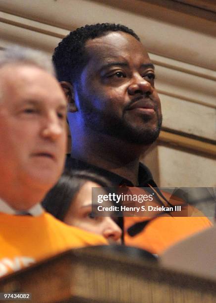 Actor Grizz Chapman rings the opening bell at the New York Stock Exchange on March 4, 2010 in New York City.