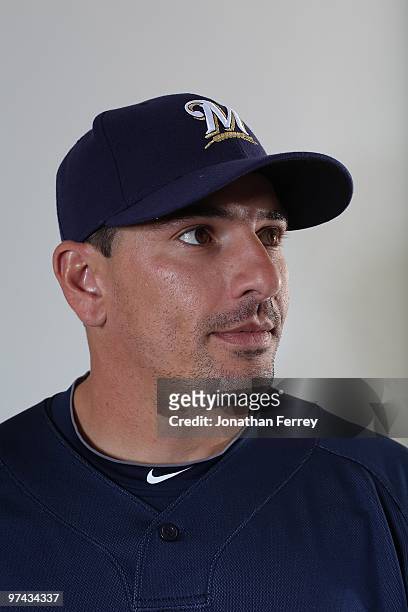 Matt Treanor poses for a portrait during the Milwaukee Brewers Photo Day at the Maryvale Baseball Park on March 1, 2010 in Maryvale, Arizona.