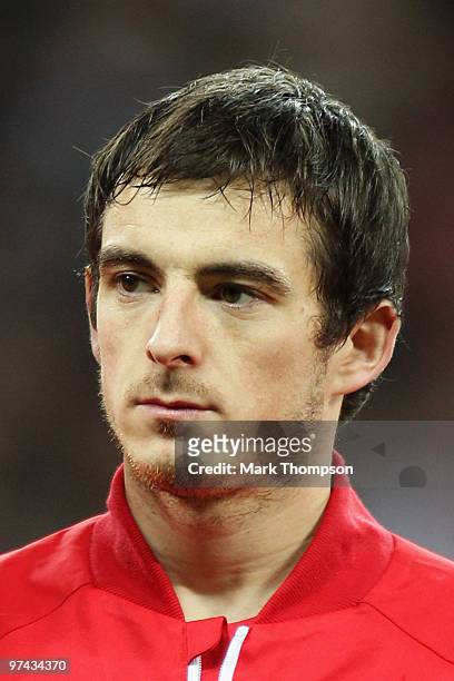 Leighton Baines of England looks on prior to the International Friendly match between England and Egypt at Wembley Stadium on March 3, 2010 in...