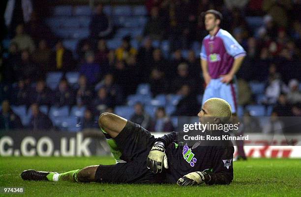 Dejected David James of Aston Villa after Paulo Wanchope of Man City had scored the second goal during the FA Carling Premiership match between Aston...