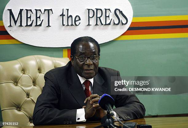 Zimbabwean President Rorbet Mugabe speaks at a rare meeting with journalist at Zimbabwe house in Harare on March 4, 2010 where he expressed...