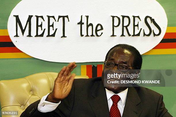 Zimbabwe President Rorbet Mugabe speaks at a rare meeting with journalists at Zimbabwe house in Harare on March 4,2010 where he expressed confidence...