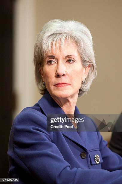 Health and Human Services Secretary Kathleen Sebelius meets with insurance company executives at the White House on March 4, 2010 in Washington, DC....