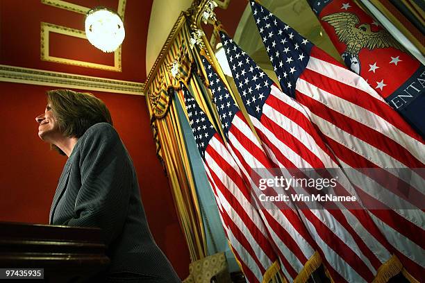 Speaker of the House Nancy Pelosi answers questions during her weekly press conference at the U.S. Capitol March 4, 2010 in Washington, DC. During...