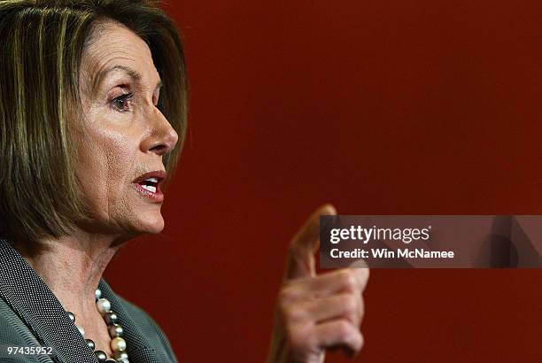 Speaker of the House Nancy Pelosi answers questions during her weekly press conference at the U.S. Capitol March 4, 2010 in Washington, DC. During...