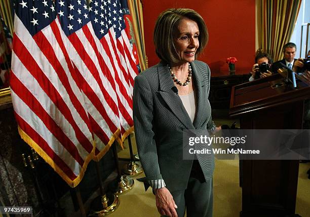 Speaker of the House Nancy Pelosi departs her weekly press conference at the U.S. Capitol March 4, 2010 in Washington, DC. During the press...