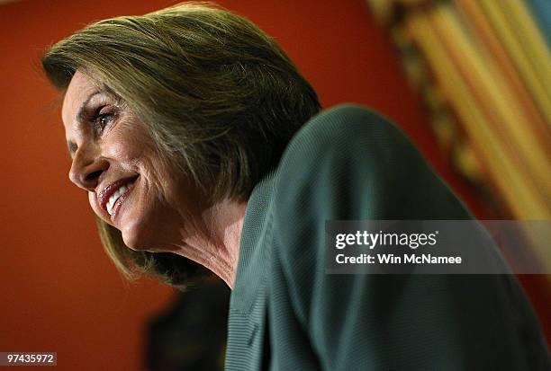Speaker of the House Nancy Pelosi answers questions during her weekly press conference at the U.S. Capitol March 4, 2010 in Washington, DC. During...