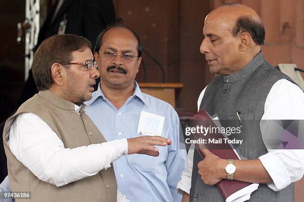 Sharad Yadav and Rajnath Singh at the parliament house in New Delhi on March 3, 2010.