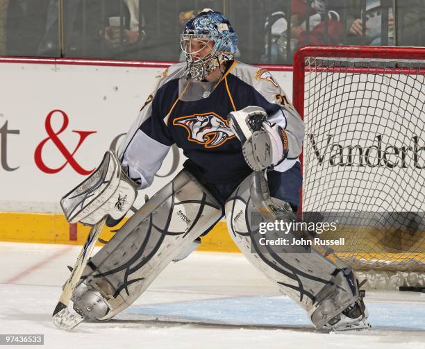 Goalie Dan Ellis of the Nashville Predators skates against the Edmonton Oilers on March 2, 2010 at the Bridgestone Arena in Nashville, Tennessee.