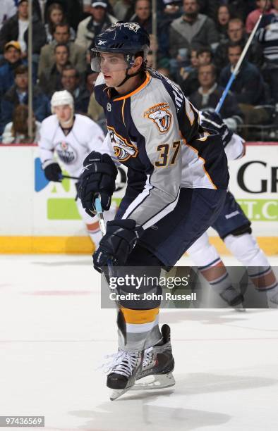 Denis Grebeshkov of the Nashville Predators skates against the Edmonton Oilers on March 2, 2010 at the Bridgestone Arena in Nashville, Tennessee.