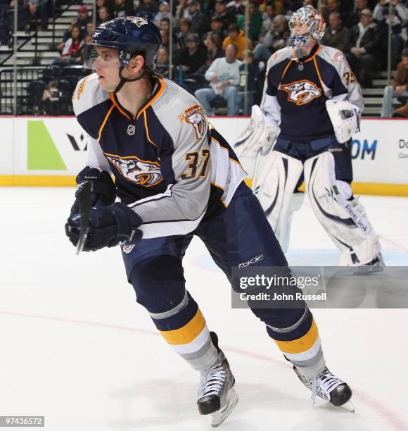 Denis Grebeshkov of the Nashville Predators skates against the Edmonton Oilers on March 2, 2010 at the Bridgestone Arena in Nashville, Tennessee.