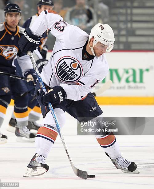 Andrew Cogliano of the Edmonton Oilers skates against the Nashville Predators on March 2, 2010 at the Bridgestone Arena in Nashville, Tennessee.