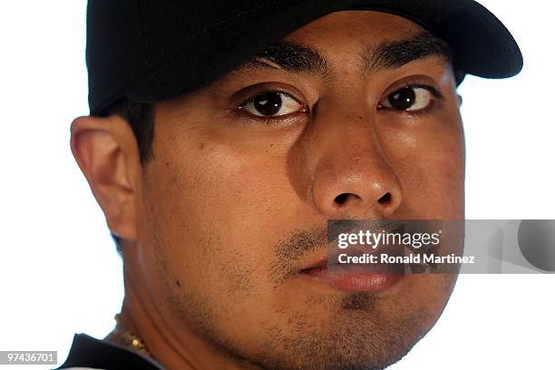 Jorge De La Rosa of the Colorado Rockies poses for a photo during Spring Training Media Photo Day at Hi Corbett Field on February 28, 2010 in Tucson,...