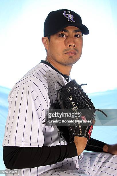 Jorge De La Rosa of the Colorado Rockies poses for a photo during Spring Training Media Photo Day at Hi Corbett Field on February 28, 2010 in Tucson,...