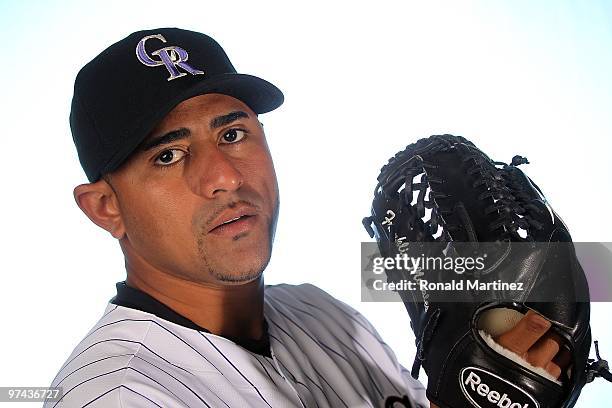 Franklin Morales of the Colorado Rockies poses for a photo during Spring Training Media Photo Day at Hi Corbett Field on February 28, 2010 in Tucson,...