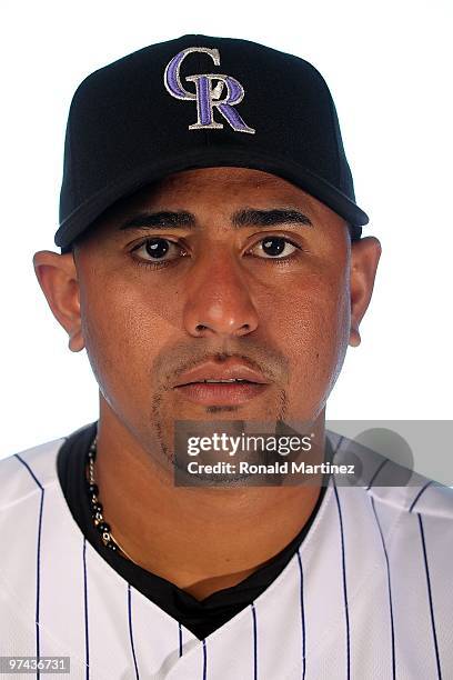 Franklin Morales of the Colorado Rockies poses for a photo during Spring Training Media Photo Day at Hi Corbett Field on February 28, 2010 in Tucson,...