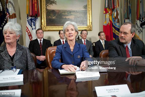 Kathleen Sebelius, U.S. Secretary of health and human services, center, meets with insurance industry executives and officials including Sandy...