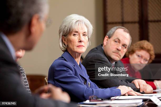 Kathleen Sebelius, U.S. Secretary of health and human services, second from left, meets with insurance industry executives and officials including...