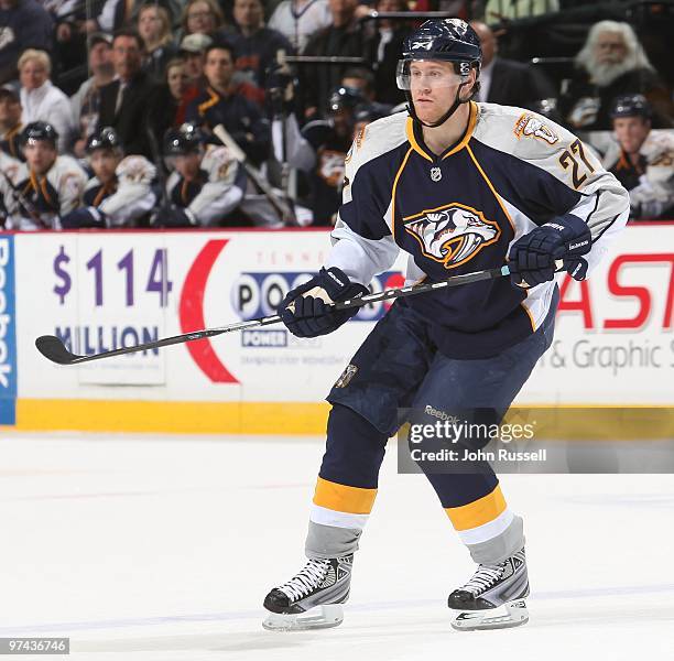 Patric Hornqvist of the Nashville Predators skates against the Edmonton Oilers on March 2, 2010 at the Bridgestone Arena in Nashville, Tennessee.