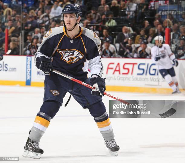 Colin Wilson of the Nashville Predators skates against the Edmonton Oilers on March 2, 2010 at the Bridgestone Arena in Nashville, Tennessee.