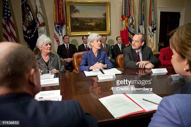 Kathleen Sebelius, U.S. Secretary of health and human services, center, meets with insurance industry executives and officials including Sandy...