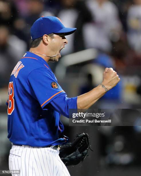 Relief pitcher Anthony Swarzak of the New York Mets reacts to a double play that ended an interleague MLB baseball game against the New York Yankees...