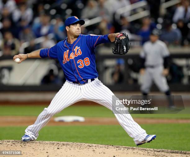 Pitcher Anthony Swarzak of the New York Mets pitches in relief in an interleague MLB baseball game against the New York Yankees on June 10, 2018 at...