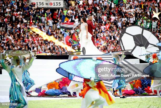 Robbie Williams and Aida Garifullina perform at the opening ceremony of the FIFA World Cup 2018, Group A match at the Luzhniki Stadium, Moscow.