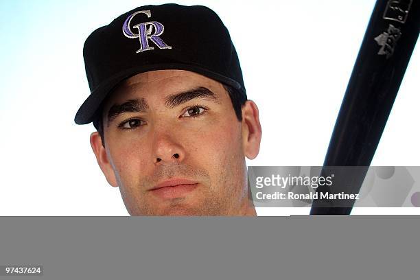Seth Smith of the Colorado Rockies poses for a photo during Spring Training Media Photo Day at Hi Corbett Field on February 28, 2010 in Tucson,...