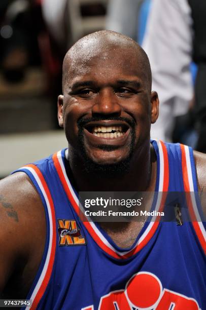 Shaquille O'Neal of the Cleveland Cavaliers cracks a smile during the game against the Orlando Magic on February 21, 2010 at Amway Arena in Orlando,...